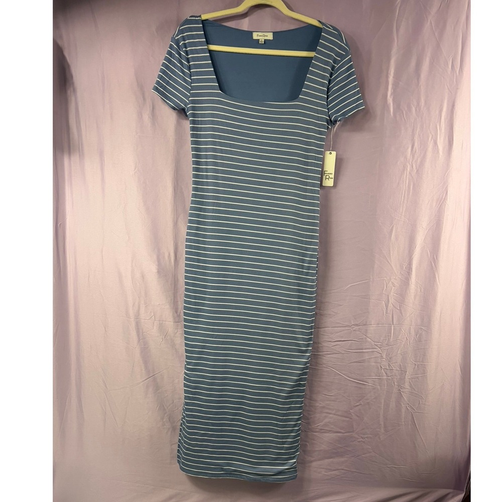 Faded Rose Blue White Striped Square Neck Ribbed Maxi Dress Side Slit Large NWT